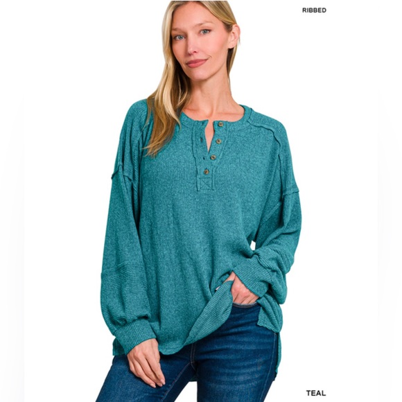 NWT ZENANA RIBBED BRUSHED HACCI MELANGE HENLEY SWEATER - Picture 2 of 2